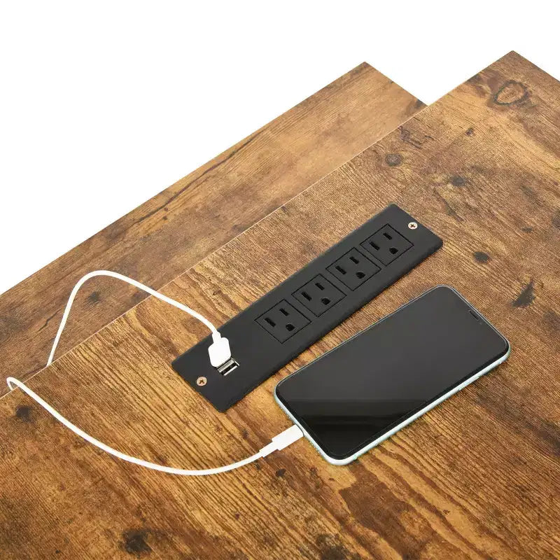 Bureau d'angle réversible en forme de L brun de 55 pouces avec tiroirs et lumières LED, et 4 étagères ouvertes en verre