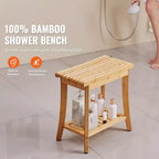 Banc de douche en bambou, 48,5 x 28,7 x 46,5 cm, tabouret de douche étanche avec étagère de rangement, siège de bain de 150 kg pour intérieur et extérieur