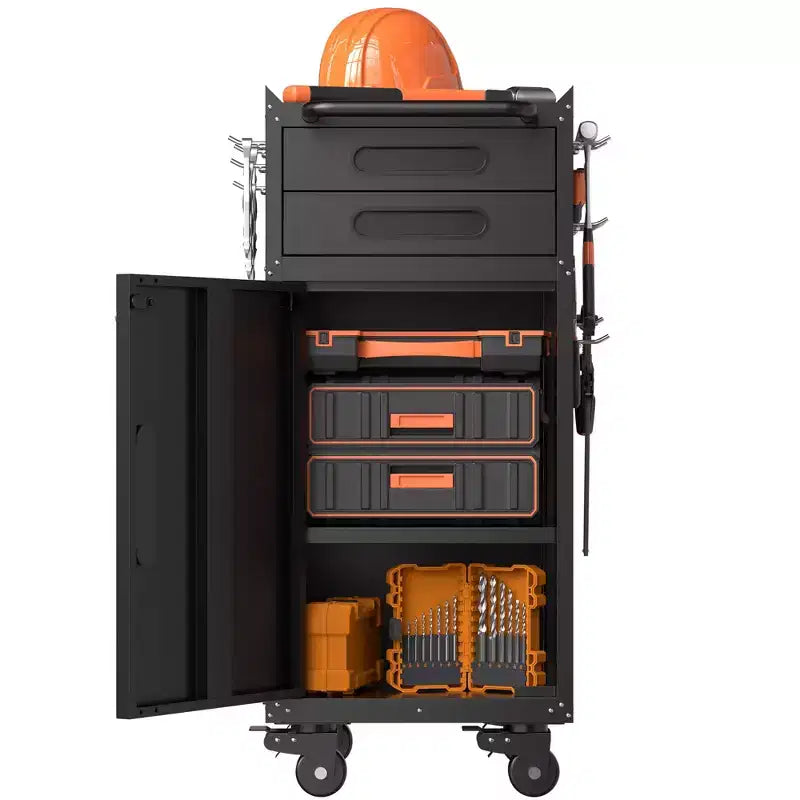 VIYET 34 Servante d'Atelier Étroite - Rangement Compact Fin à 2 Tiroirs avec Porte Verrouillable, Noir