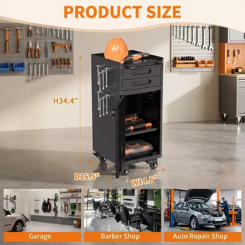 VIYET 34 Servante d'Atelier Étroite - Rangement Compact Fin à 2 Tiroirs avec Porte Verrouillable, Noir