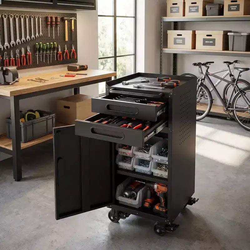 VIYET 34 Servante d'Atelier Étroite - Rangement Compact Fin à 2 Tiroirs avec Porte Verrouillable, Noir