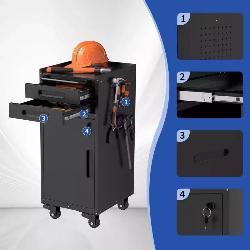 VIYET 34 Servante d'Atelier Étroite - Rangement Compact Fin à 2 Tiroirs avec Porte Verrouillable, Noir