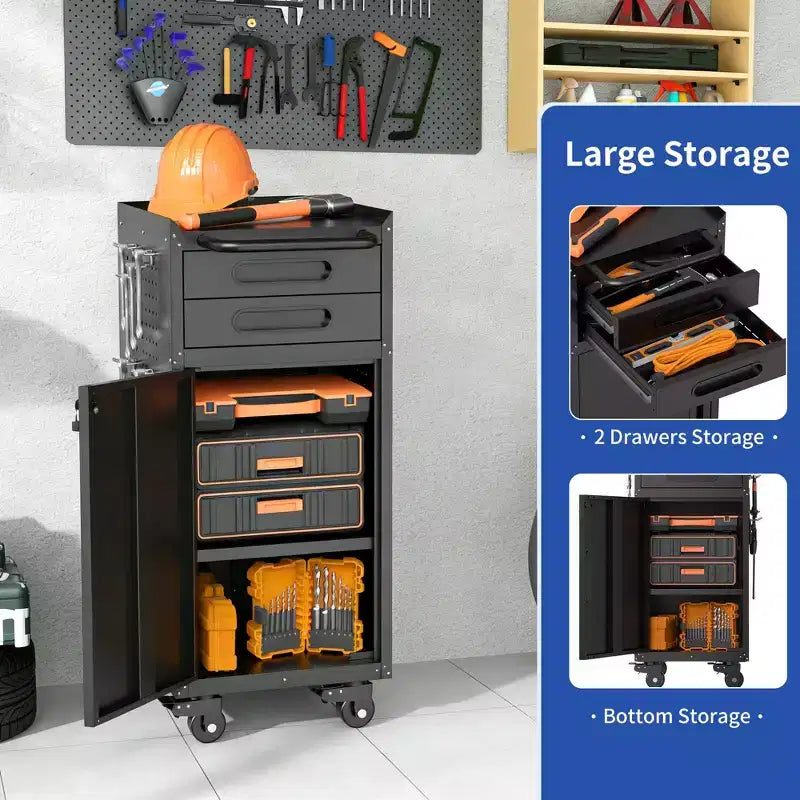 VIYET 34 Servante d'Atelier Étroite - Rangement Compact Fin à 2 Tiroirs avec Porte Verrouillable, Noir