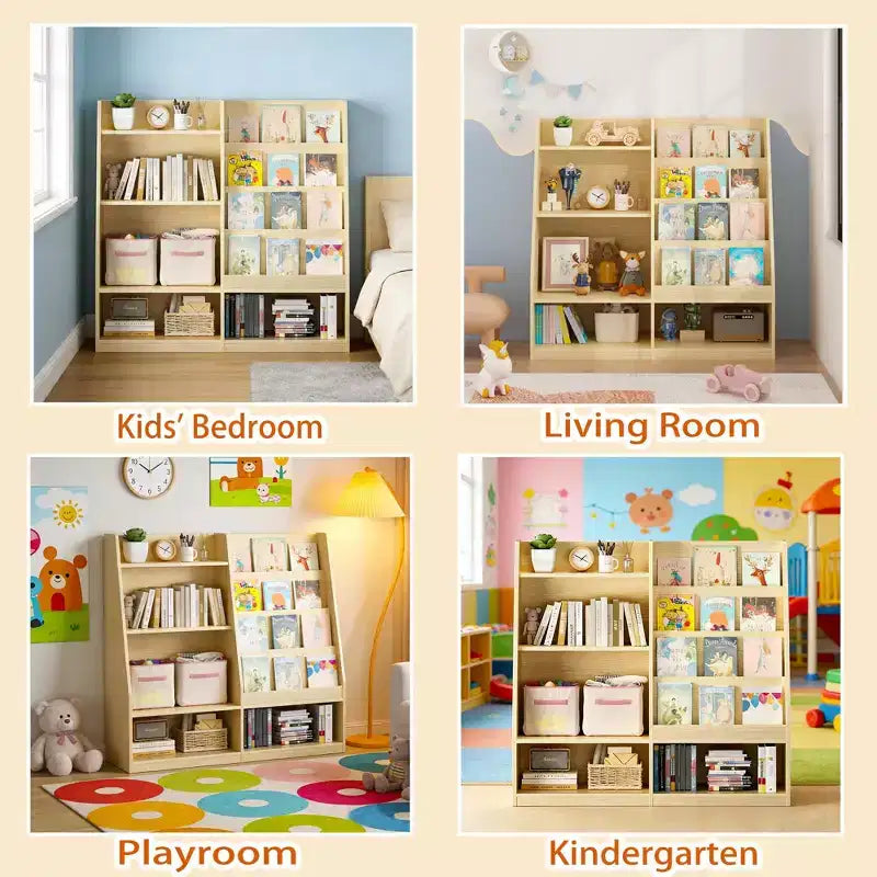 Étagère à livres pour enfants à 4 niveaux en bois avec rangement de jouets, présentoir de livres frontal pour chambre d'enfant, naturelle