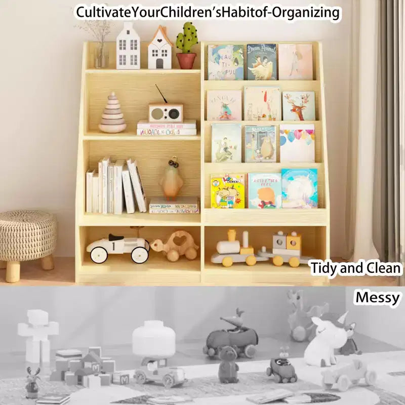 Étagère à livres pour enfants à 4 niveaux en bois avec rangement de jouets, présentoir de livres frontal pour chambre d'enfant, naturelle