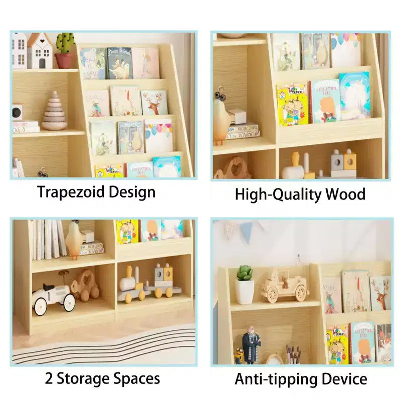 Étagère à livres pour enfants à 4 niveaux en bois avec rangement de jouets, présentoir de livres frontal pour chambre d'enfant, naturelle