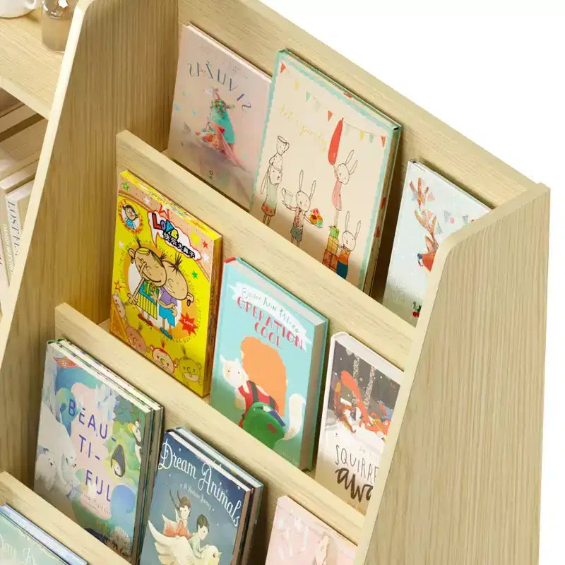 Étagère à livres pour enfants à 4 niveaux en bois avec rangement de jouets, présentoir de livres frontal pour chambre d'enfant, naturelle