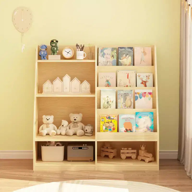 Étagère à livres pour enfants à 4 niveaux en bois avec rangement de jouets, présentoir de livres frontal pour chambre d'enfant, naturelle