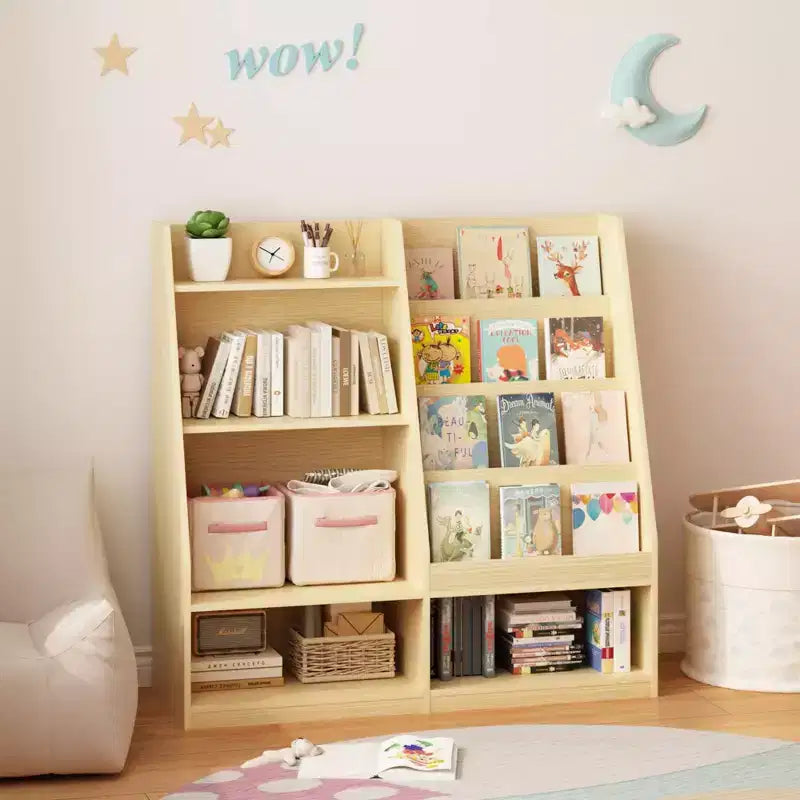 Étagère à livres pour enfants à 4 niveaux en bois avec rangement de jouets, présentoir de livres frontal pour chambre d'enfant, naturelle