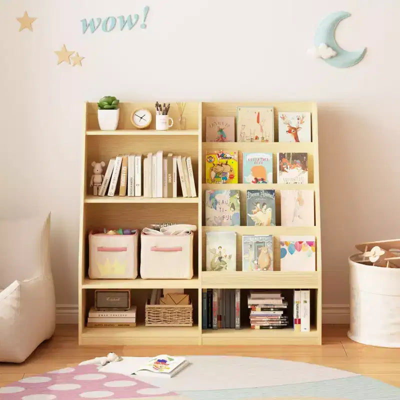Étagère à livres pour enfants à 4 niveaux en bois avec rangement de jouets, présentoir de livres frontal pour chambre d'enfant, naturelle