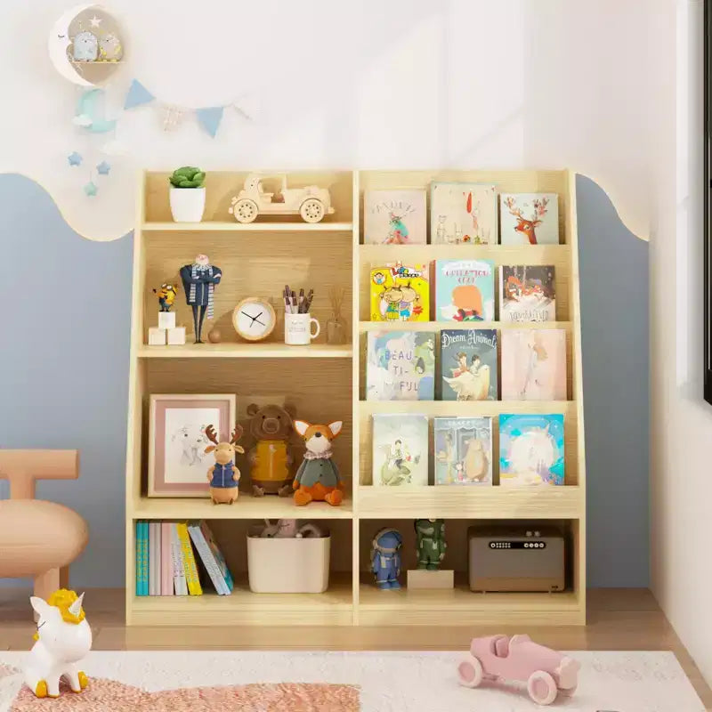 Étagère à livres pour enfants à 4 niveaux en bois avec rangement de jouets, présentoir de livres frontal pour chambre d'enfant, naturelle