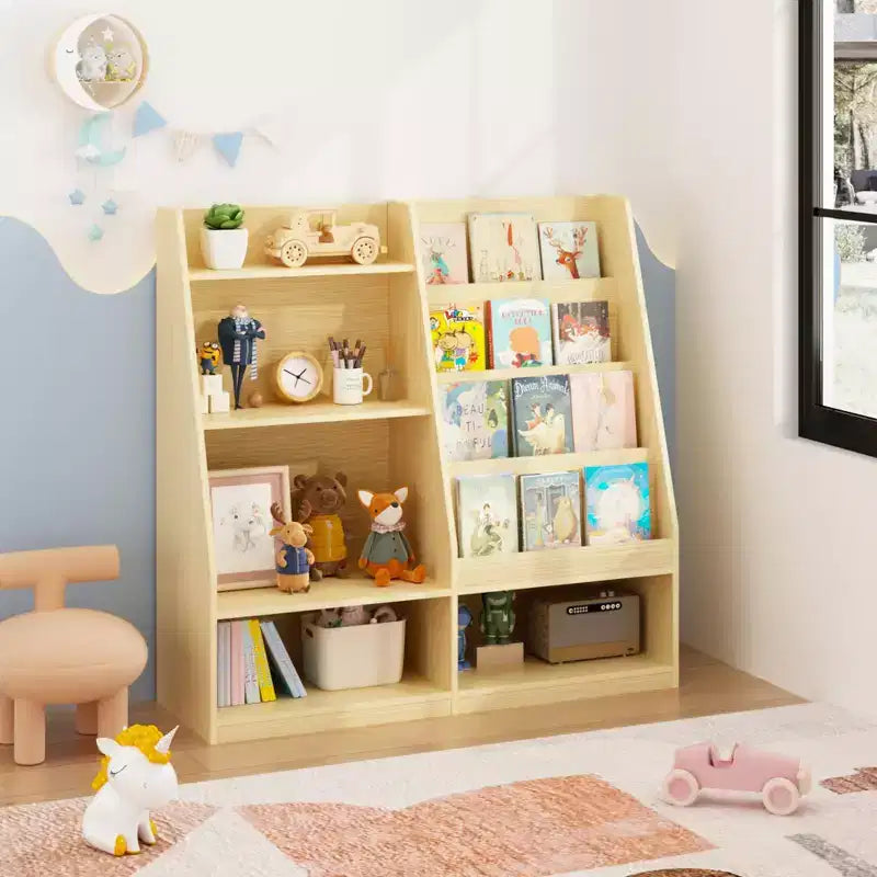 Étagère à livres pour enfants à 4 niveaux en bois avec rangement de jouets, présentoir de livres frontal pour chambre d'enfant, naturelle