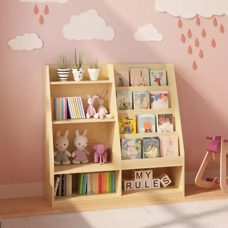 Étagère à livres pour enfants à 4 niveaux en bois avec rangement de jouets, présentoir de livres frontal pour chambre d'enfant, naturelle