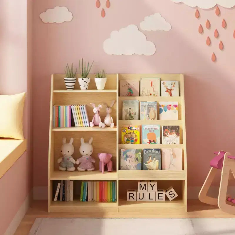 Étagère à livres pour enfants à 4 niveaux en bois avec rangement de jouets, présentoir de livres frontal pour chambre d'enfant, naturelle