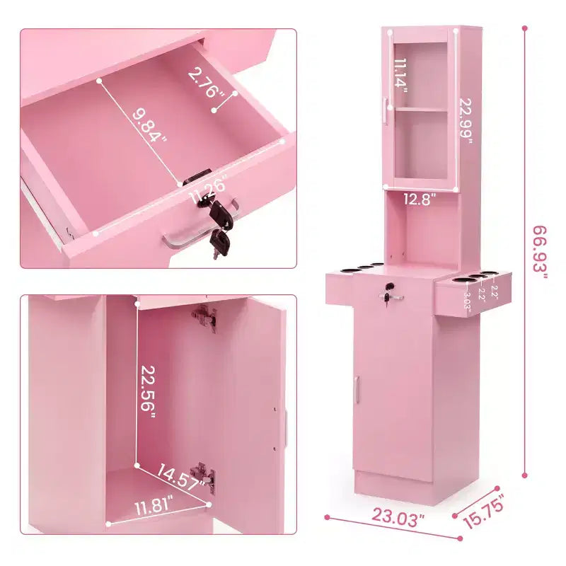 Sandinrayli Poste de Salon pour Coiffeur, Meuble de Rangement Coiffure avec Porte en Verre Rose