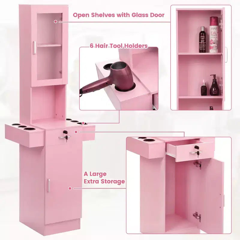 Sandinrayli Poste de Salon pour Coiffeur, Meuble de Rangement Coiffure avec Porte en Verre Rose