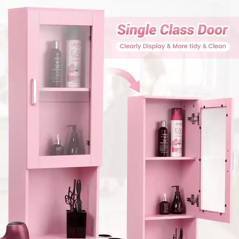 Sandinrayli Poste de Salon pour Coiffeur, Meuble de Rangement Coiffure avec Porte en Verre Rose