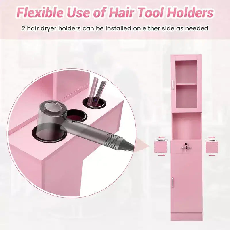 Sandinrayli Poste de Salon pour Coiffeur, Meuble de Rangement Coiffure avec Porte en Verre Rose