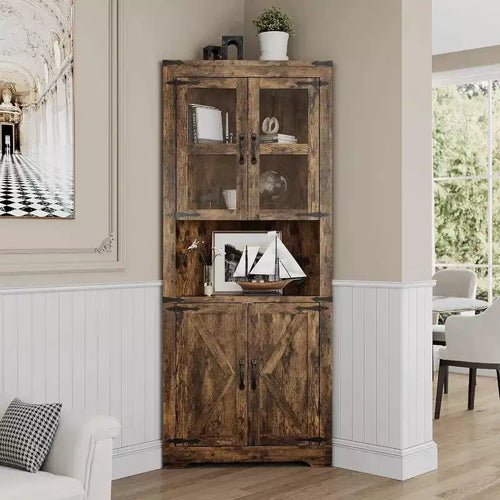 Meuble de rangement d'angle de 170 cm de haut avec lumières, buffet d'angle de ferme avec portes vitrées, organisateur de rangement en bois pour cuisine