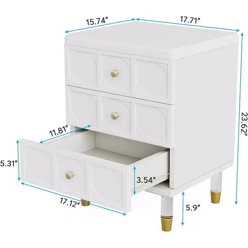 Table de chevet Lantine avec 3 tiroirs, table de chevet blanche et dorée, petite commode moderne, tables d'appoint de canapé avec rangement pour dortoir, chambre à coucher