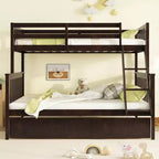 Detachable Bunk Bed Twin Over Full with Trundle for Kids Teens, Wood Bunk Bed with Ladder and Guardrail, Separate into 2 Beds