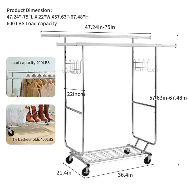 VIYET 68 800LBS Portant à vêtements double avec étagères, portant à vêtements roulant en fer robuste (cintre portable commercial pliable)