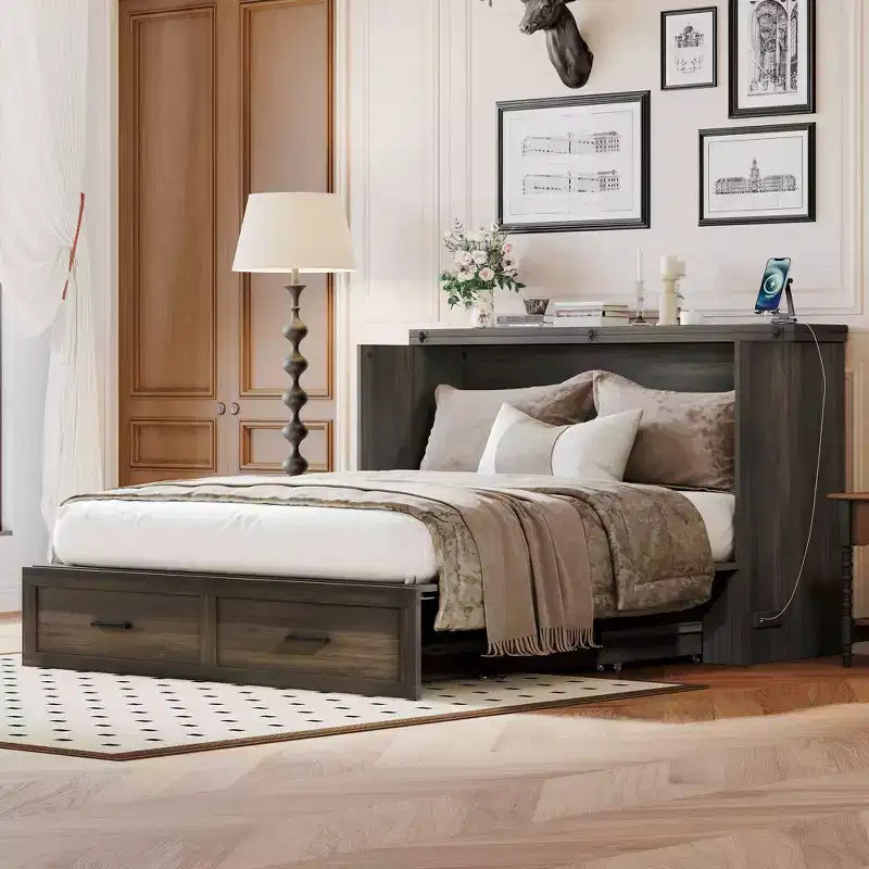 MAYEERTY Lit escamotable de style fermier pour grand lit avec station de recharge Tiroir de rangement pliable pour chambre à coucher Gris rustique