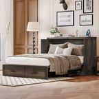 MAYEERTY Lit escamotable de style fermier pour grand lit avec station de recharge Tiroir de rangement pliable pour chambre à coucher Gris rustique
