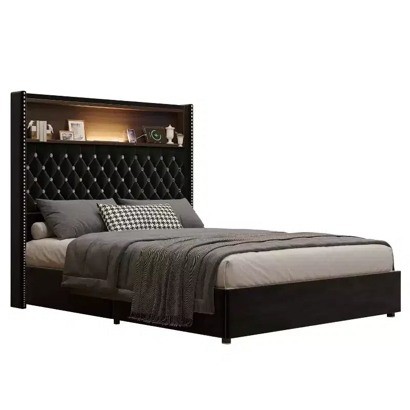 MAYEERTY Lit double en velours capitonné avec veilleuse, tête de lit haute de 52 po, décor de rivets, tête de lit de plateforme à oreilles avec étagère, pour chambre à coucher, noir