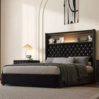 MAYEERTY Lit double en velours capitonné avec veilleuse, tête de lit haute de 52 po, décor de rivets, tête de lit de plateforme à oreilles avec étagère, pour chambre à coucher, noir