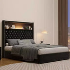 MAYEERTY Lit double en velours capitonné avec veilleuse, tête de lit haute de 52 po, décor de rivets, tête de lit de plateforme à oreilles avec étagère, pour chambre à coucher, noir