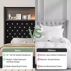 MAYEERTY Lit double en velours capitonné avec veilleuse, tête de lit haute de 52 po, décor de rivets, tête de lit de plateforme à oreilles avec étagère, pour chambre à coucher, noir