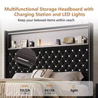 MAYEERTY Lit double en velours capitonné avec veilleuse, tête de lit haute de 52 po, décor de rivets, tête de lit de plateforme à oreilles avec étagère, pour chambre à coucher, noir