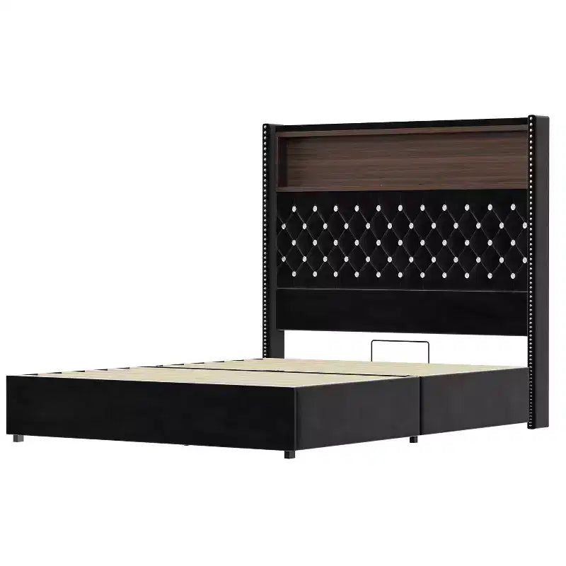 MAYEERTY Lit double en velours capitonné avec veilleuse, tête de lit haute de 52 po, décor de rivets, tête de lit de plateforme à oreilles avec étagère, pour chambre à coucher, noir