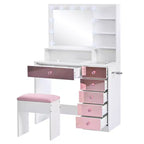 Coiffeuse avec tabouret rembourré, miroir, ampoules à 3 couleurs d'éclairage, station de charge et support pour sèche-cheveux - ModernLuxe