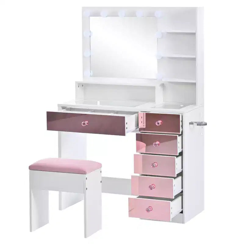 Coiffeuse avec tabouret rembourré, miroir, ampoules à 3 couleurs d'éclairage, station de charge et support pour sèche-cheveux - ModernLuxe