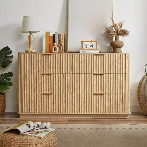 6 Drawer Dresser for Bedroom, 55 Wide Chest of Drawers with Gold Handles, Fluted Closet Drawer TV Stand