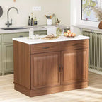 Table îlot EROMMY 48 pour cuisine, chariot îlot de cuisine classique avec rangement, comptoir en marbre, grain de bois de noyer et 2 tiroirs et 2 armoires