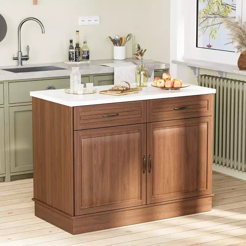 Table îlot EROMMY 48 pour cuisine, chariot îlot de cuisine classique avec rangement, comptoir en marbre, grain de bois de noyer et 2 tiroirs et 2 armoires