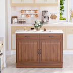 Table îlot EROMMY 48 pour cuisine, chariot îlot de cuisine classique avec rangement, comptoir en marbre, grain de bois de noyer et 2 tiroirs et 2 armoires