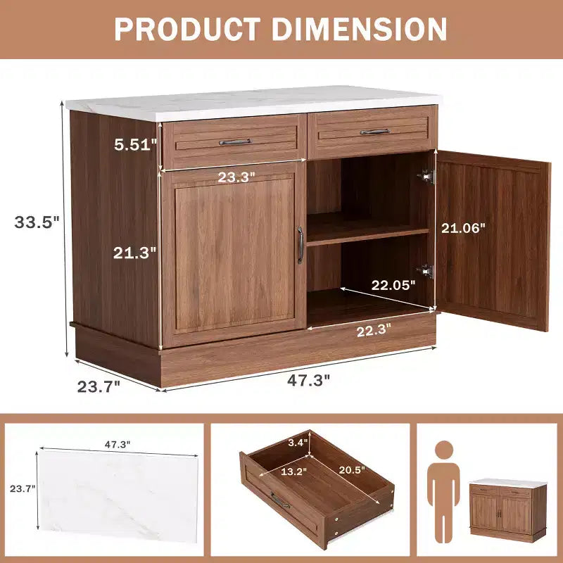 Table îlot EROMMY 48 pour cuisine, chariot îlot de cuisine classique avec rangement, comptoir en marbre, grain de bois de noyer et 2 tiroirs et 2 armoires