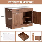 Table îlot EROMMY 48 pour cuisine, chariot îlot de cuisine classique avec rangement, comptoir en marbre, grain de bois de noyer et 2 tiroirs et 2 armoires
