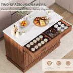 Table îlot EROMMY 48 pour cuisine, chariot îlot de cuisine classique avec rangement, comptoir en marbre, grain de bois de noyer et 2 tiroirs et 2 armoires