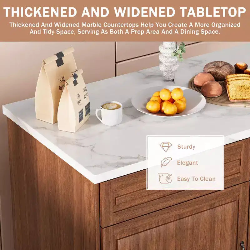 Table îlot EROMMY 48 pour cuisine, chariot îlot de cuisine classique avec rangement, comptoir en marbre, grain de bois de noyer et 2 tiroirs et 2 armoires