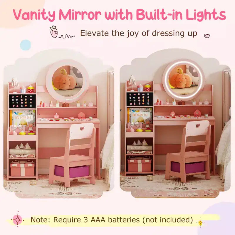 Table de toilette pour enfants Costway avec miroir LED éclairé et chaise de princesse rose