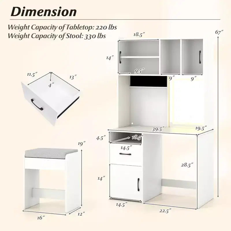 Coiffeuse Costway 100 cm avec miroir, lumières, prises de courant, luminosité réglable et étagères