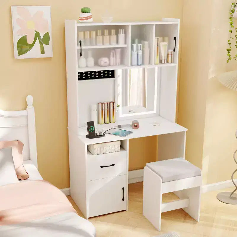 Coiffeuse Costway 100 cm avec miroir, lumières, prises de courant, luminosité réglable et étagères