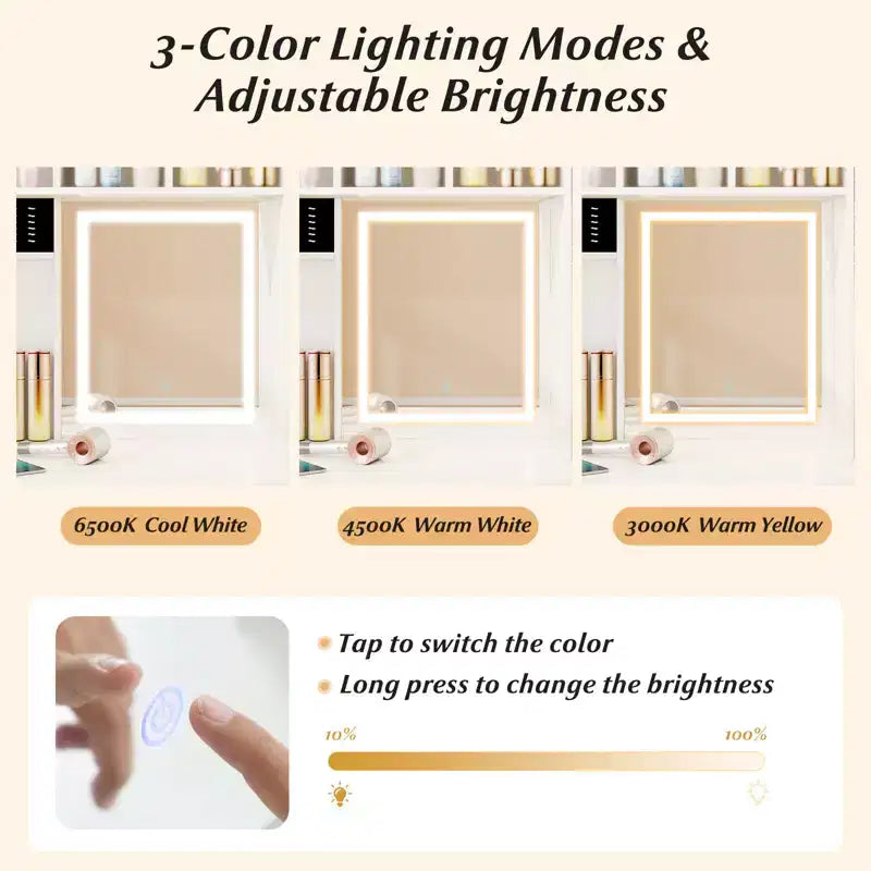 Coiffeuse Costway 100 cm avec miroir, lumières, prises de courant, luminosité réglable et étagères
