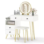 Costway Vanity Desk w/ Mirror Lights Built-in Power Outlet 4 Storage Drawers Stool