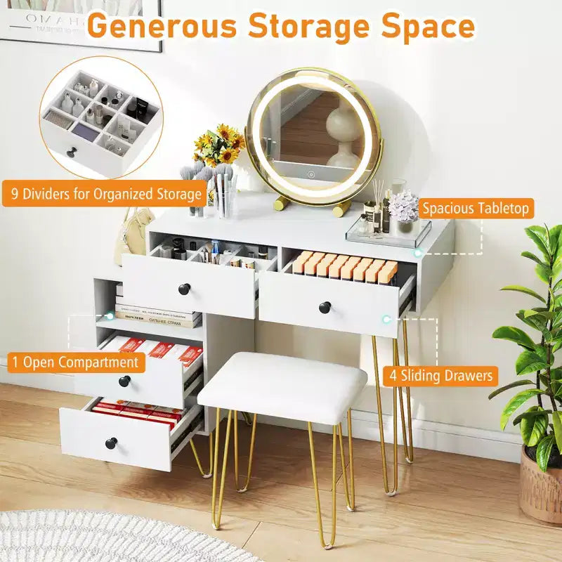 Coiffeuse Costway avec miroir, lumières, prise de courant intégrée, 4 tiroirs de rangement et tabouret